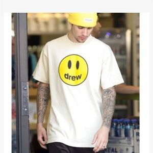 drew house yellow + Cream T-Shirt with Yellow Smiley Logo